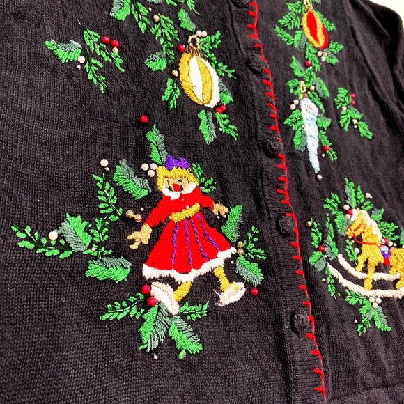 Womens Vtg Christmas Cardigan Sweater BP Design Medium Black Embroidered Beaded - Picture 4 of 16